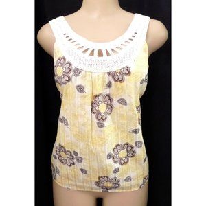 "LOFT" YELLOW FLORAL CROCHET-NECK CAREER SHIRT BLOUSE TOP SZ: XLP 100% COTTON
